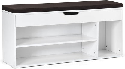 Shoe Bench with Hidden Compartment and Open Shelves-White