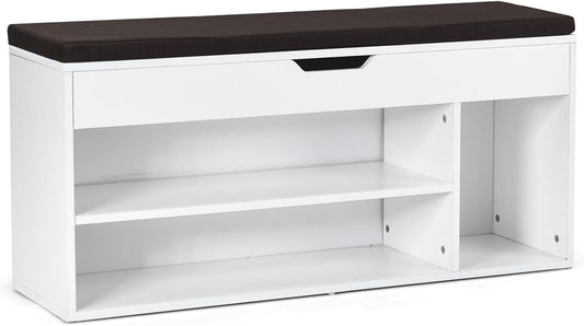Shoe Bench with Hidden Compartment and Open Shelves-White