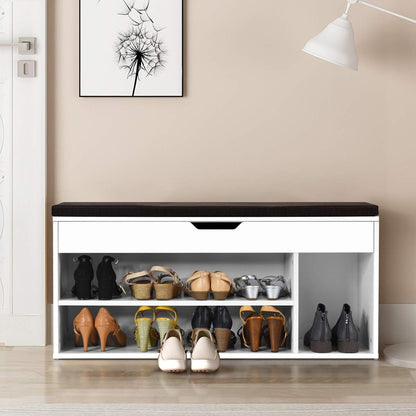 Shoe Bench with Hidden Compartment and Open Shelves-White