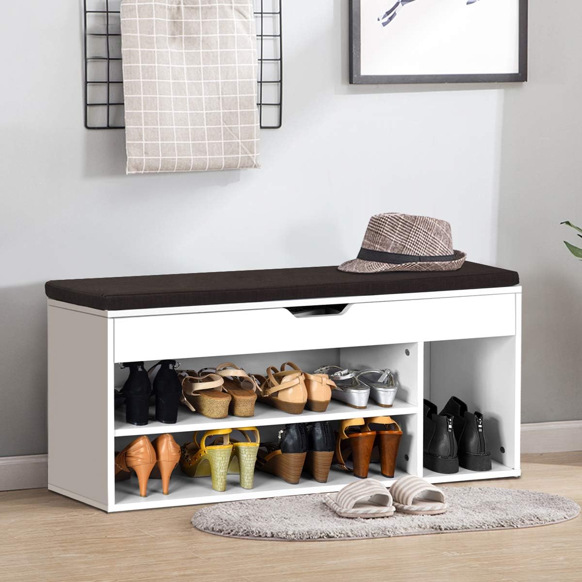 Shoe Bench with Hidden Compartment and Open Shelves-White