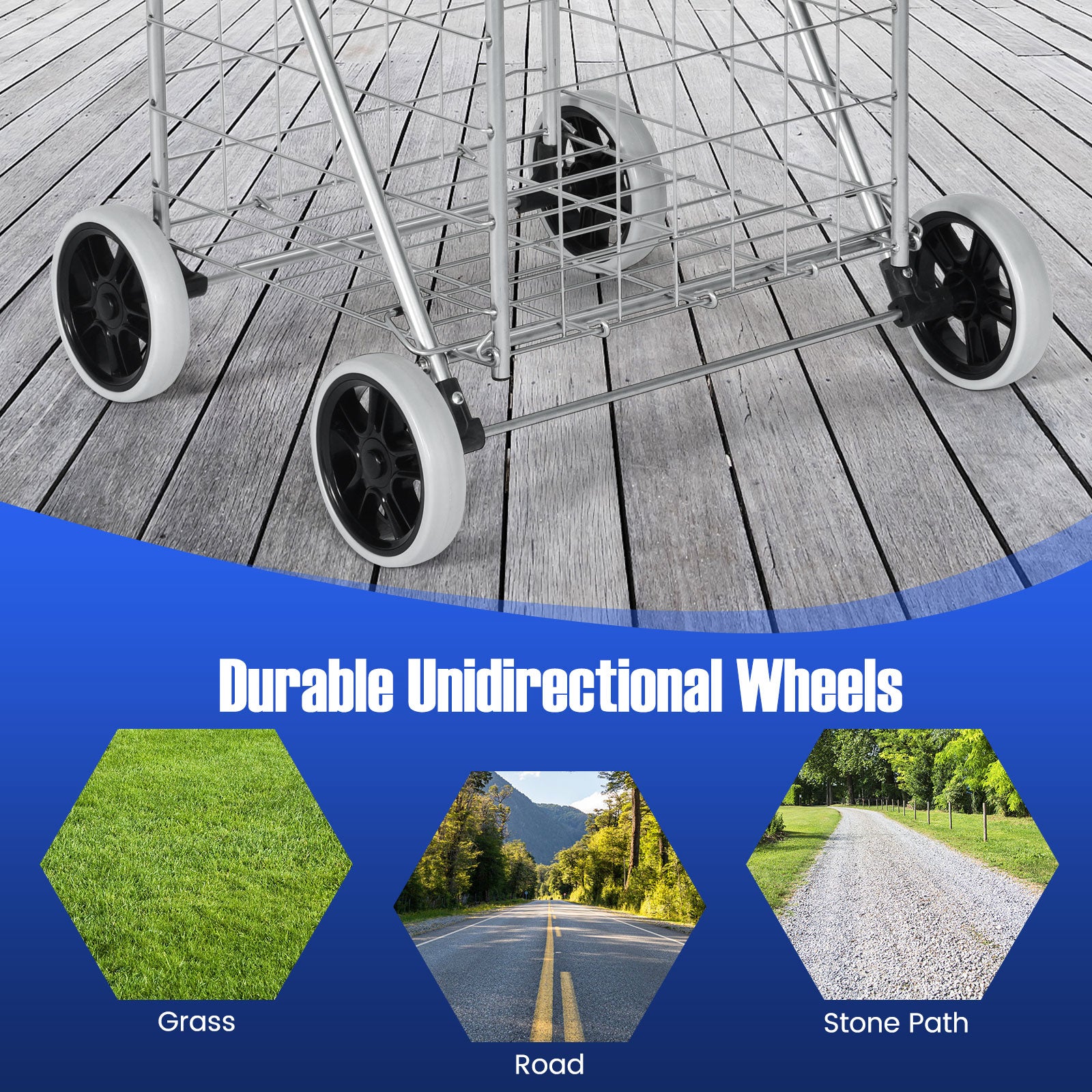 Heavy Duty Folding Shopping Cart with 83L Metal Basket-Silver