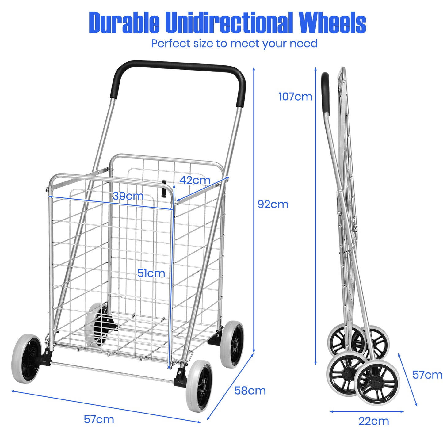 Heavy Duty Folding Shopping Cart with 83L Metal Basket-Silver
