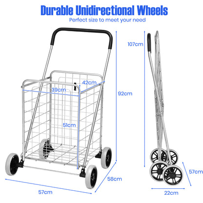 Heavy Duty Folding Shopping Cart with 83L Metal Basket-Silver