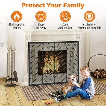 Single Panel Fireplace Screen with Detachable Support Feet and Metal Fame-Black