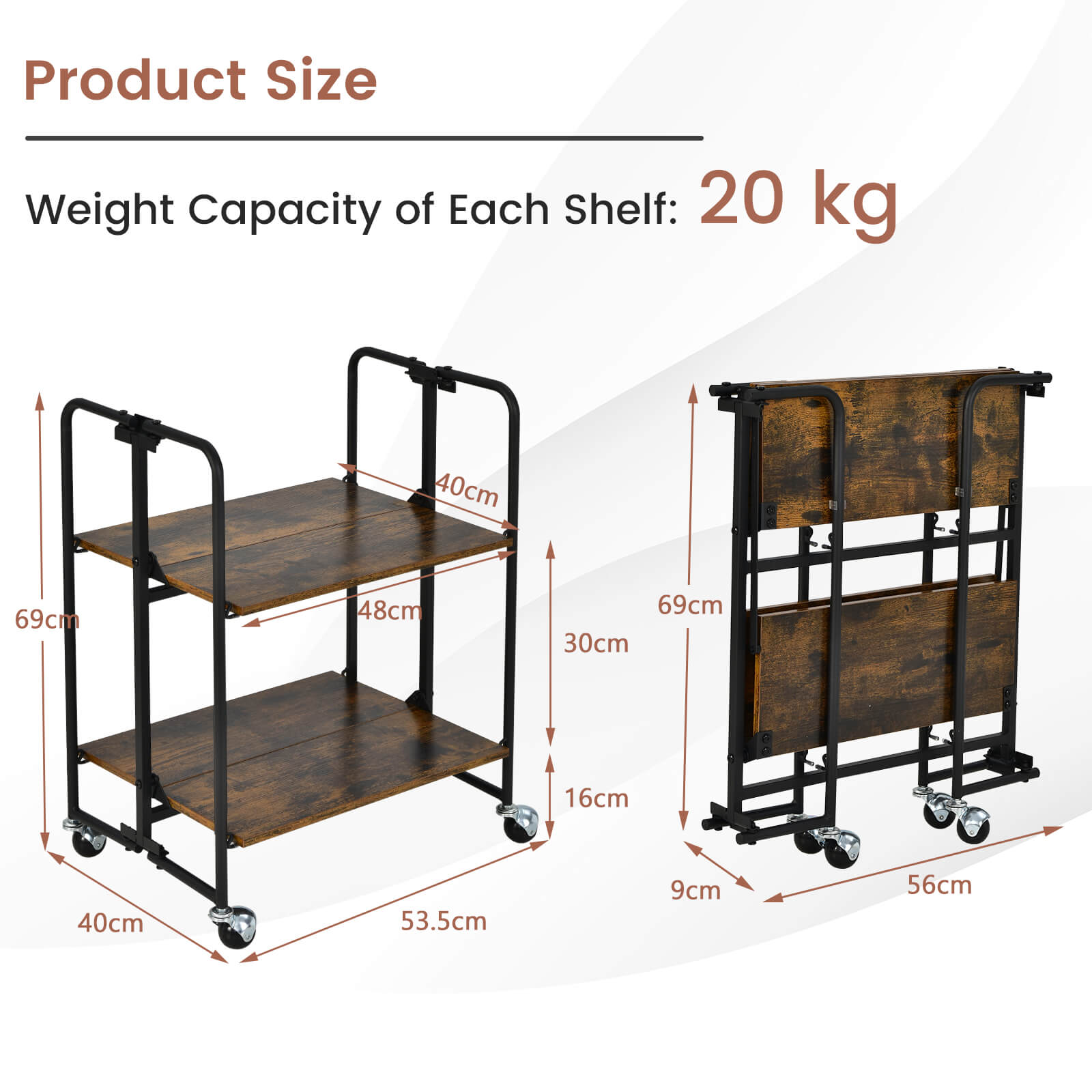 2-Tier Folding Kitchen Island Cart with Metal Frame