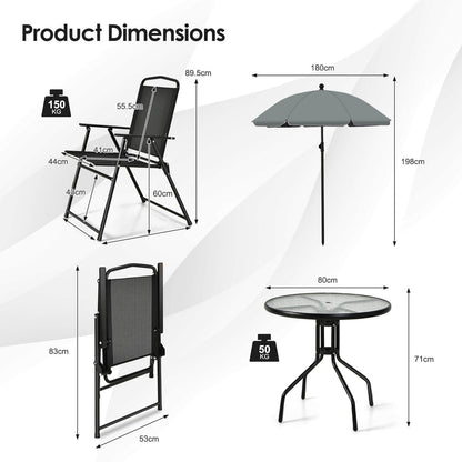 6 Pieces Patio Dining Set with Folding Chairs and Glass Table-Black