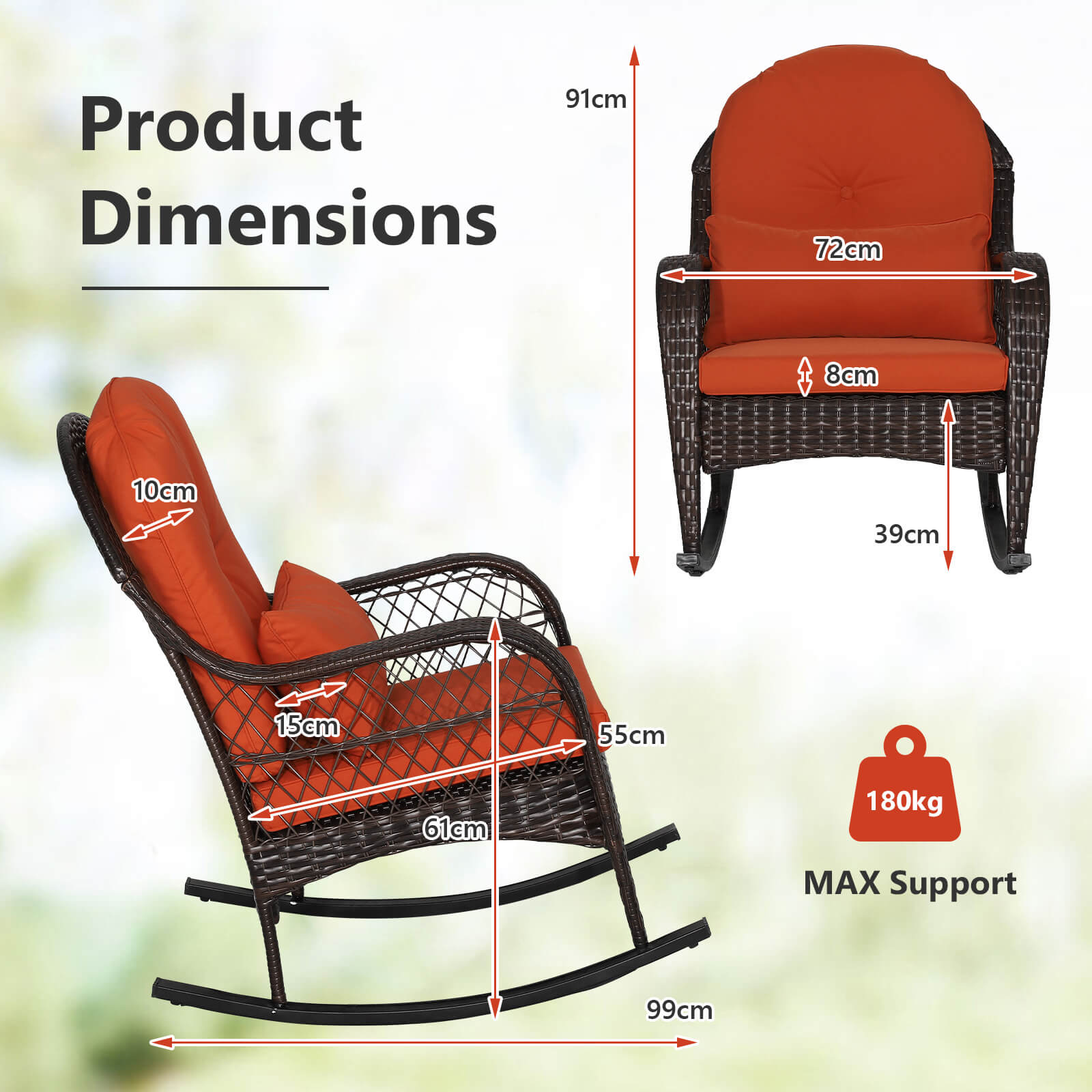 Patio Rattan Rocking Chair with Seat Back Cushions and Waist Pillow-Red