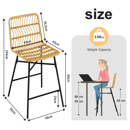 2 Set of Counter Height Rattan Dining Chair with Sturdy Metal Frame-Yellow