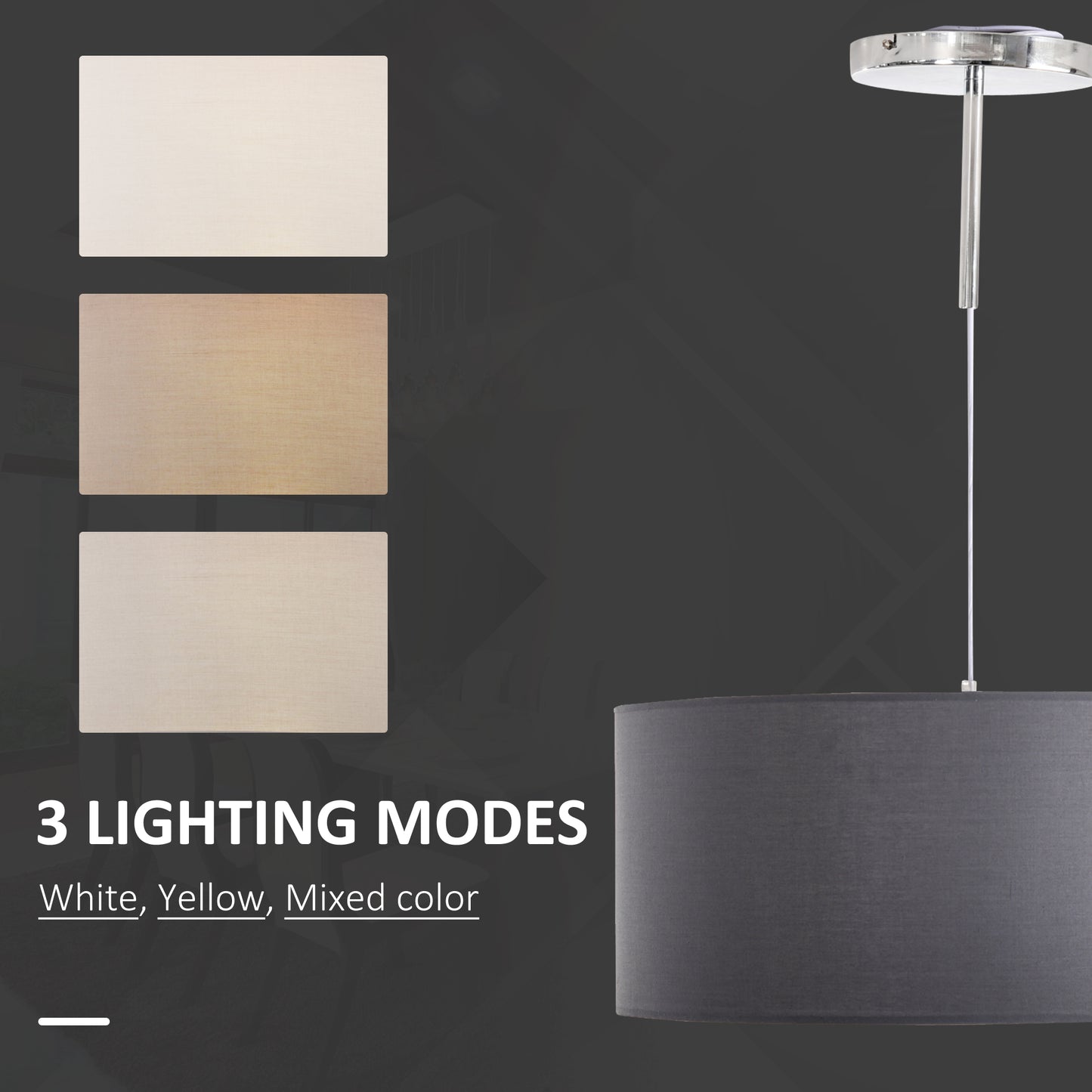 HOMCOM Modern LED Pendant Light Chandelier with Three Lighting Modes Metal Round Base for Living Room, Bedroom, Office, Entrance, Grey, 59 x 59 x 44cm