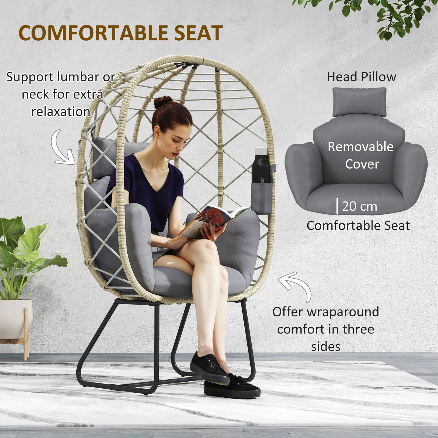 Outsunny Rattan Egg Chair Outdoor Indoor Wicker Chair with Thickened Cushion and Headrest, Standing Garden Egg Chair with Cup Holder, Metal Frame for Patio, Balcony, Grey