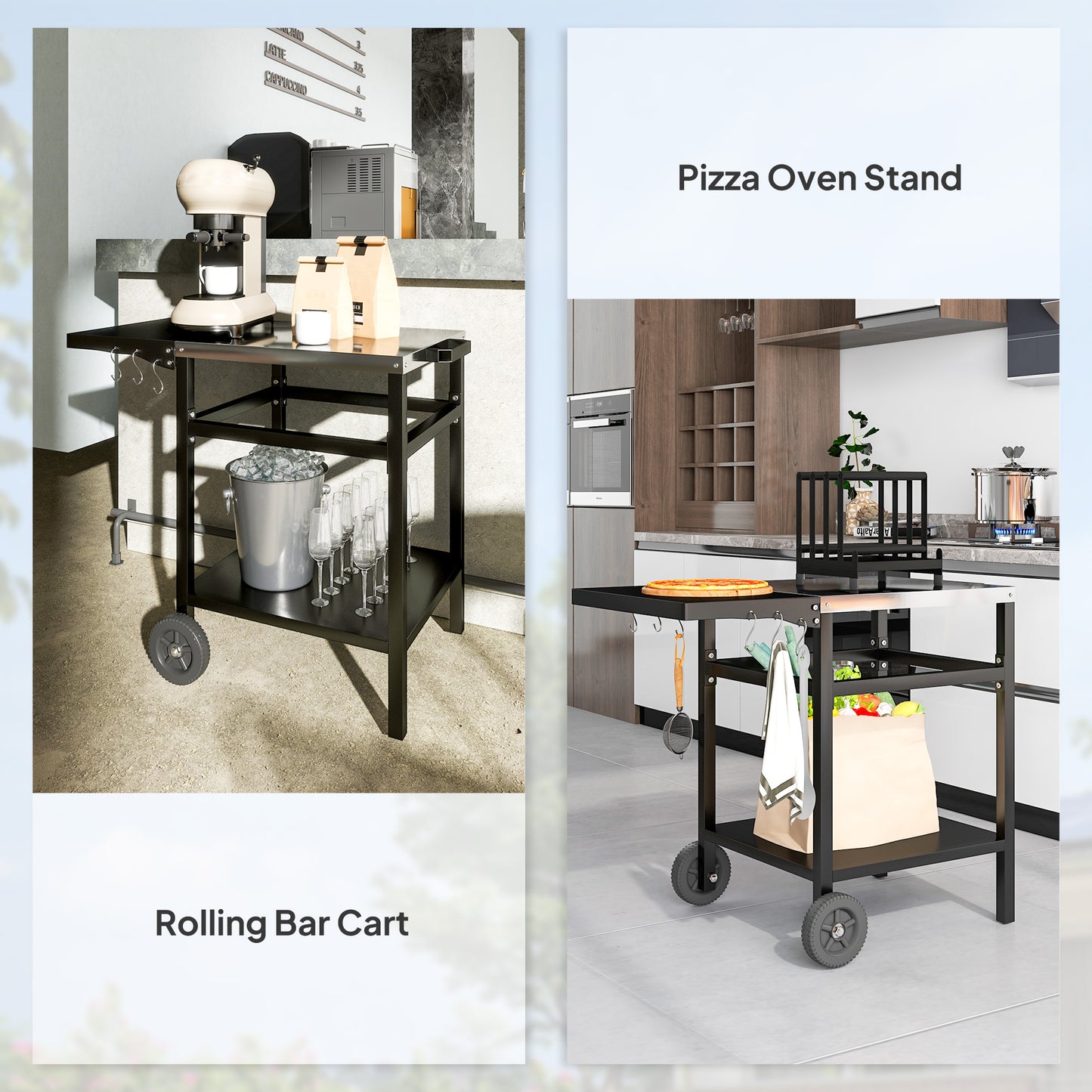 Outsunny BBQ Trolley with Stainless Steel Top and Foldable Side Table, Outdoor Kitchen BBQ Station with Hooks and Shelf, Pizza Oven Table Movable Outdoor Grill Dining Cart with Cover, Black