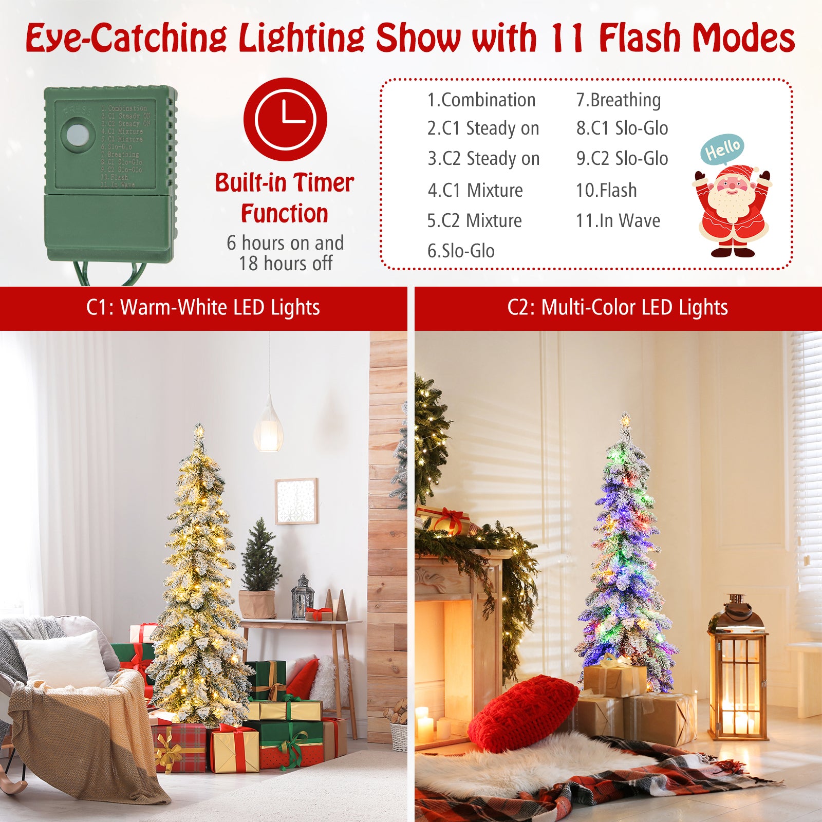 Snow-Flocked Slim Pencil Christmas Tree with 11 Lighting Modes-4FT