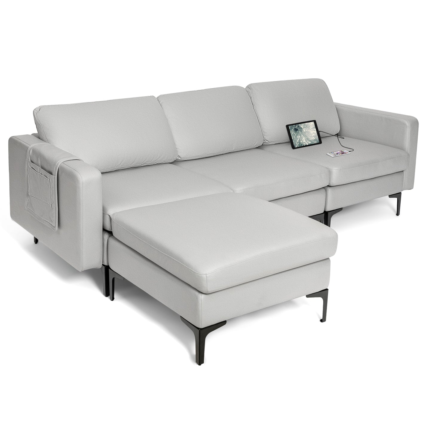 Modular L-shaped Sofa with Chaise, Reversible Ottoman, Built-in Socket-Light Grey
