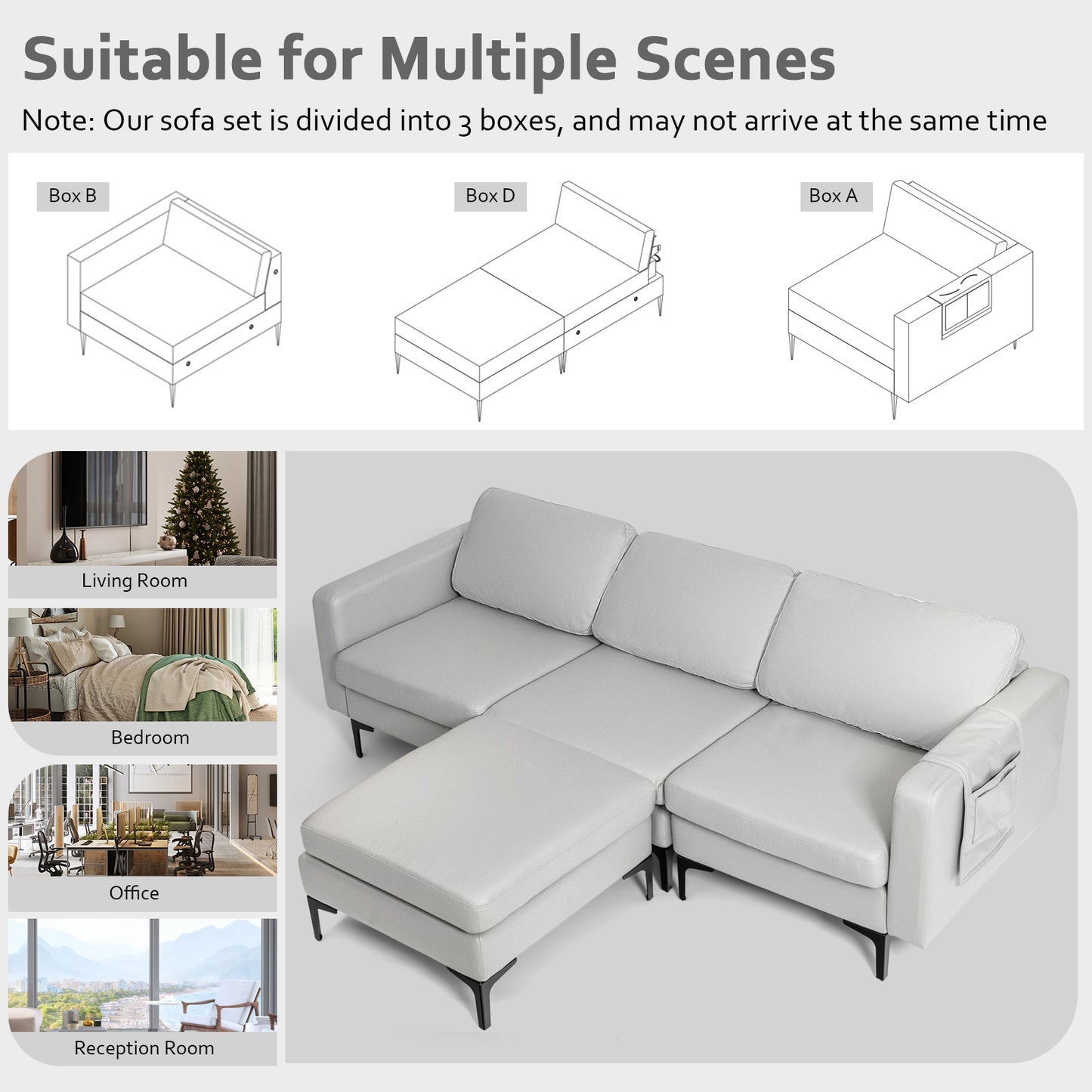 Modular L-shaped Sofa with Chaise, Reversible Ottoman, Built-in Socket-Light Grey