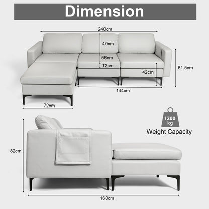 Modular L-shaped Sofa with Chaise, Reversible Ottoman, Built-in Socket-Light Grey