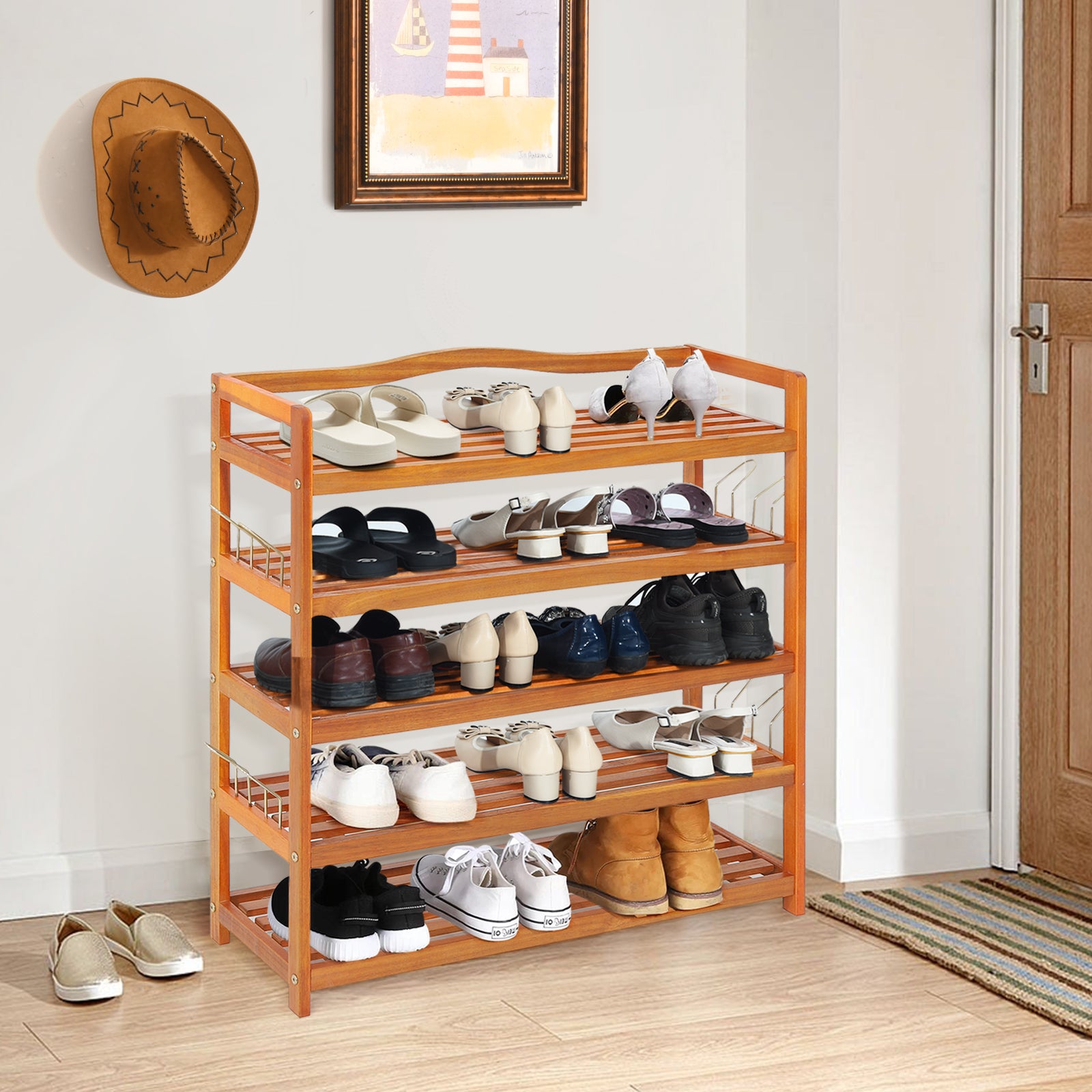 Solid Acacia Wood Shoe Rack Shelf with Side Metal Hooks-5-Tier