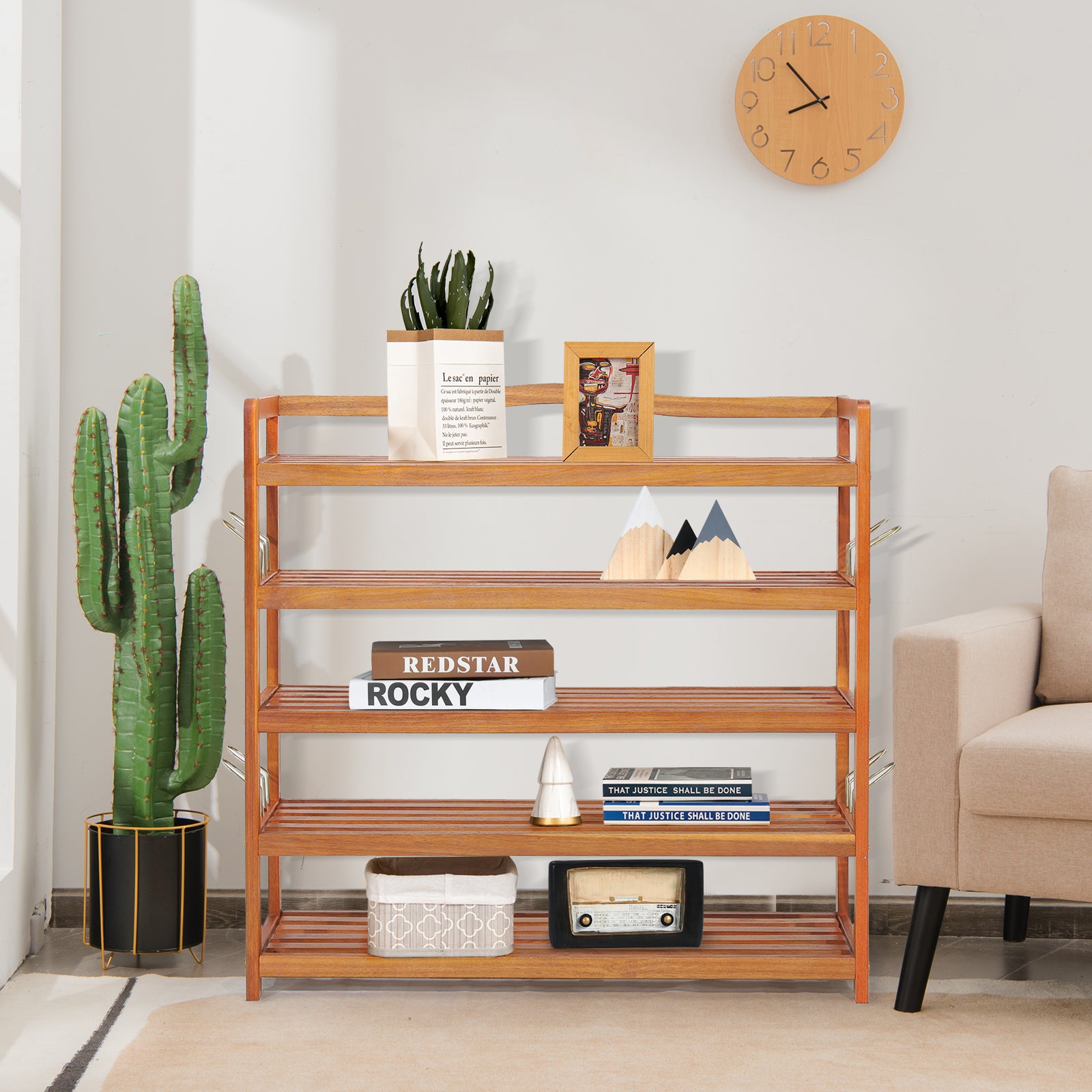Solid Acacia Wood Shoe Rack Shelf with Side Metal Hooks-5-Tier