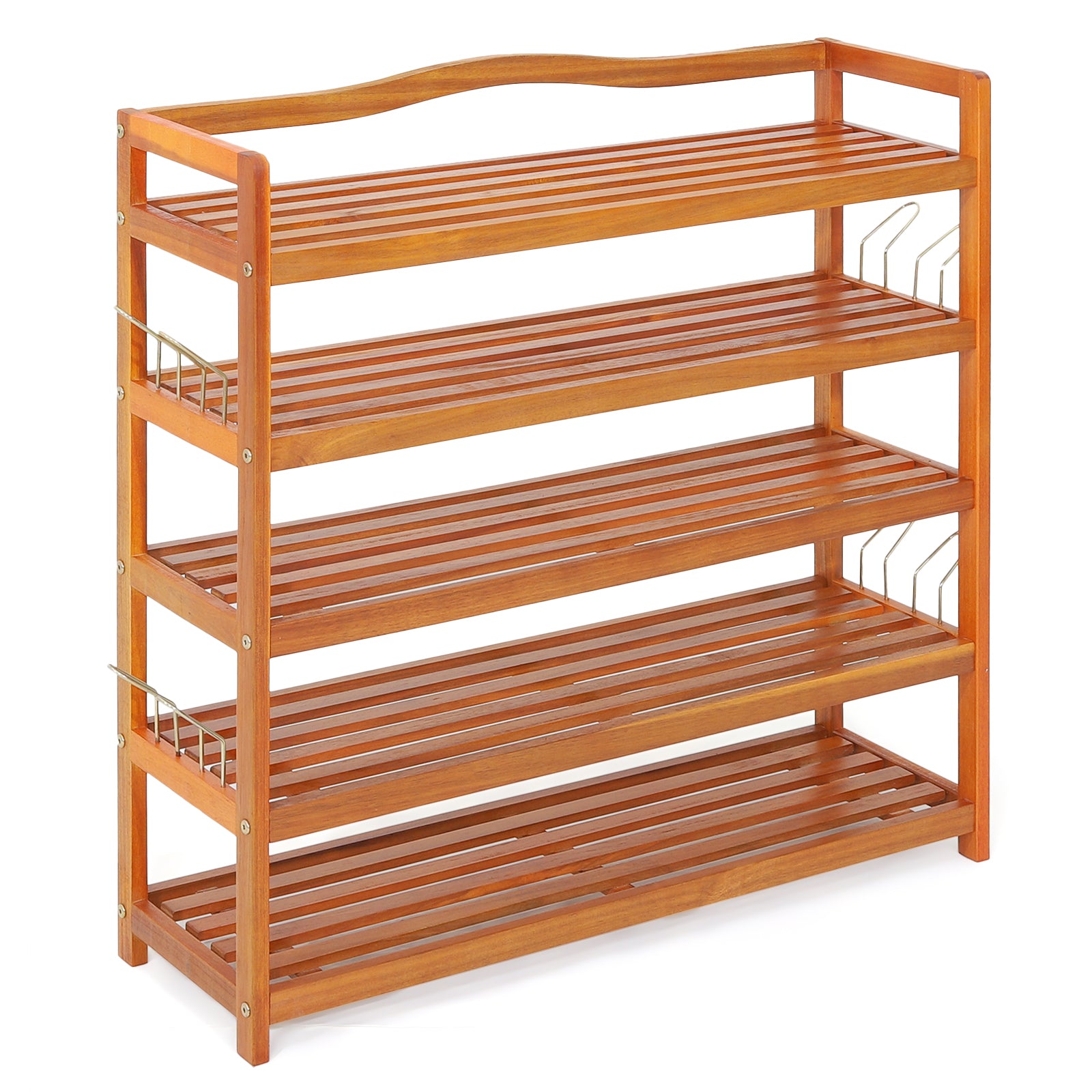 Solid Acacia Wood Shoe Rack Shelf with Side Metal Hooks-5-Tier