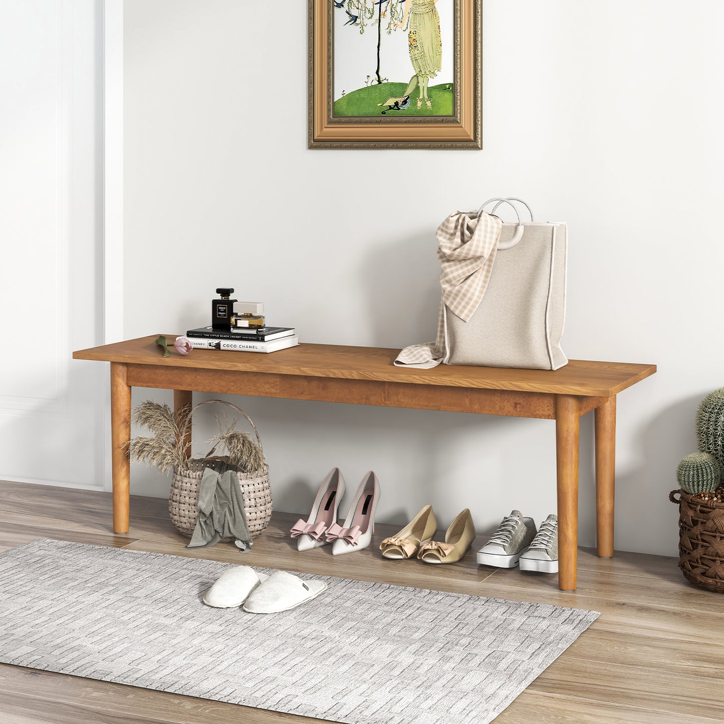 Solid Wood Dining Bench with Rubber Wood Legs