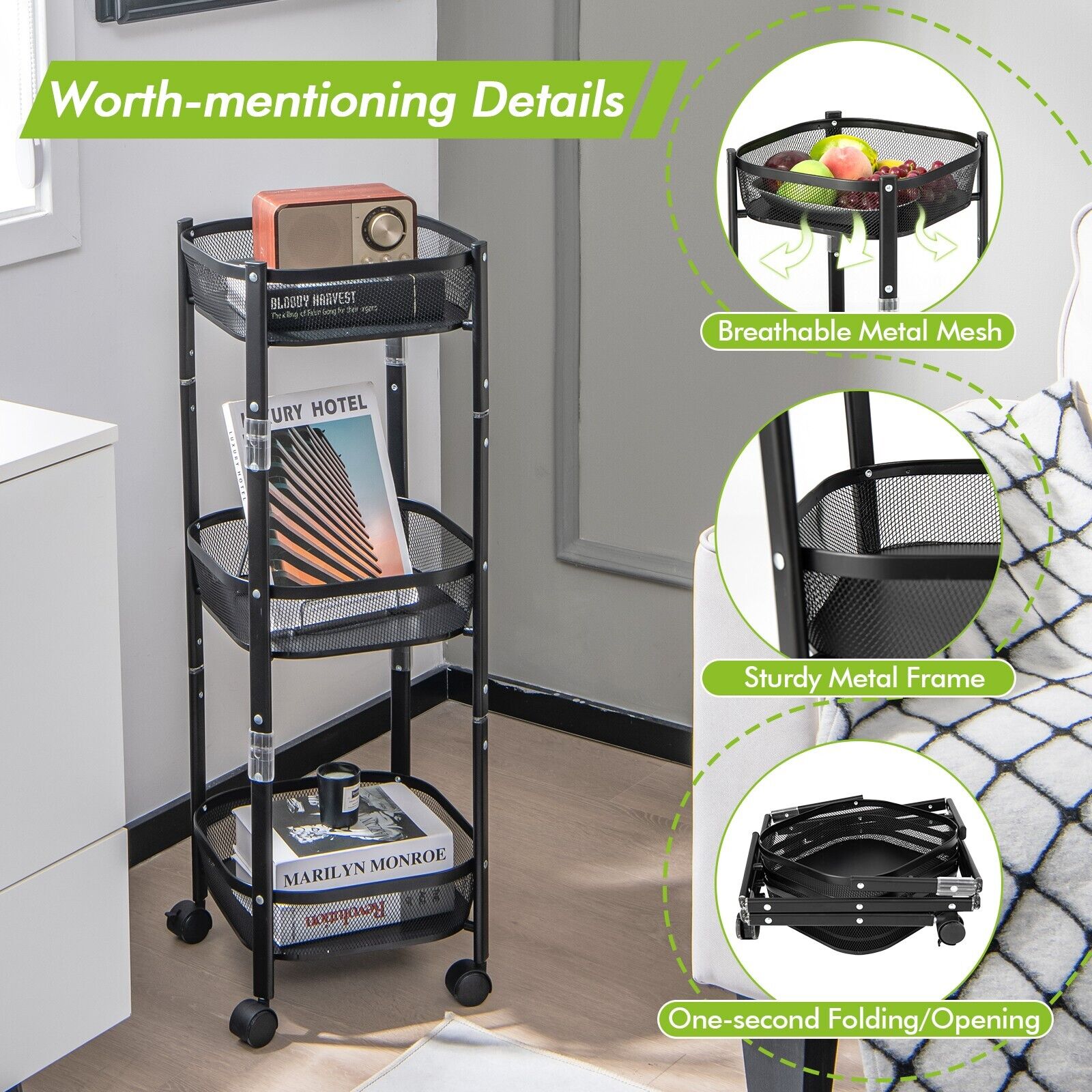 Round/Square 3-Tier Folding Metal Storage Trolley-Square