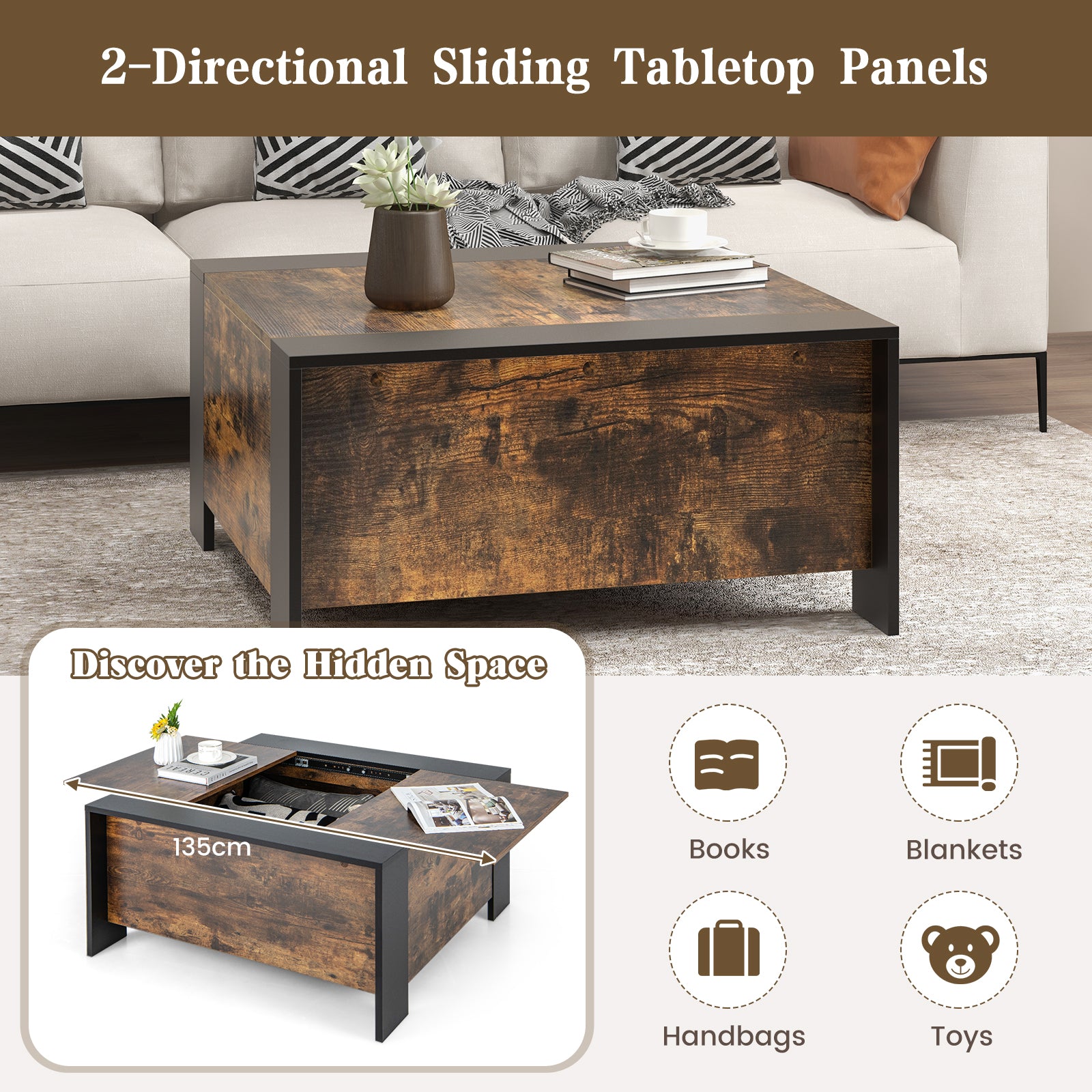 Coffee Table with Sliding Top and Hidden Compartment-Rustic Brown