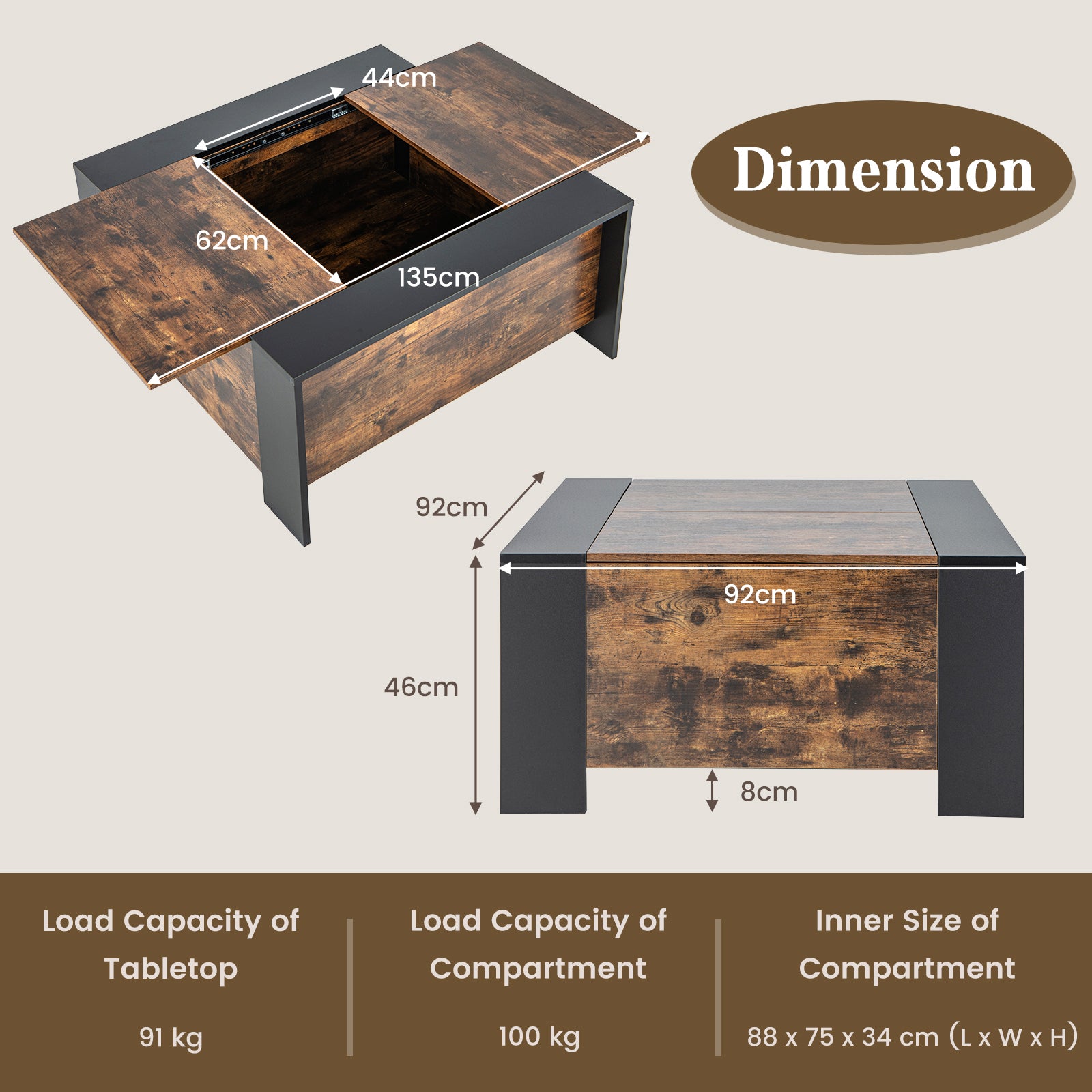 Coffee Table with Sliding Top and Hidden Compartment-Rustic Brown
