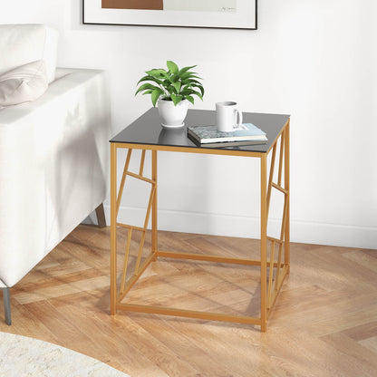 Square End Table with Tempered Glass and Gold Finish Geometric Frame-Black