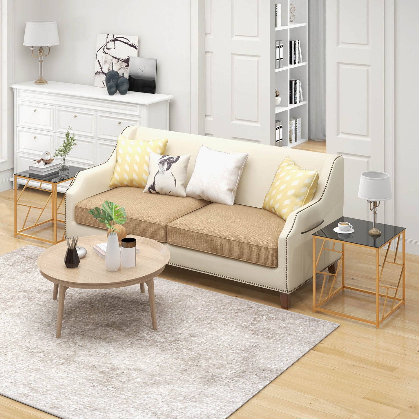 Square End Table with Tempered Glass and Gold Finish Geometric Frame-Black