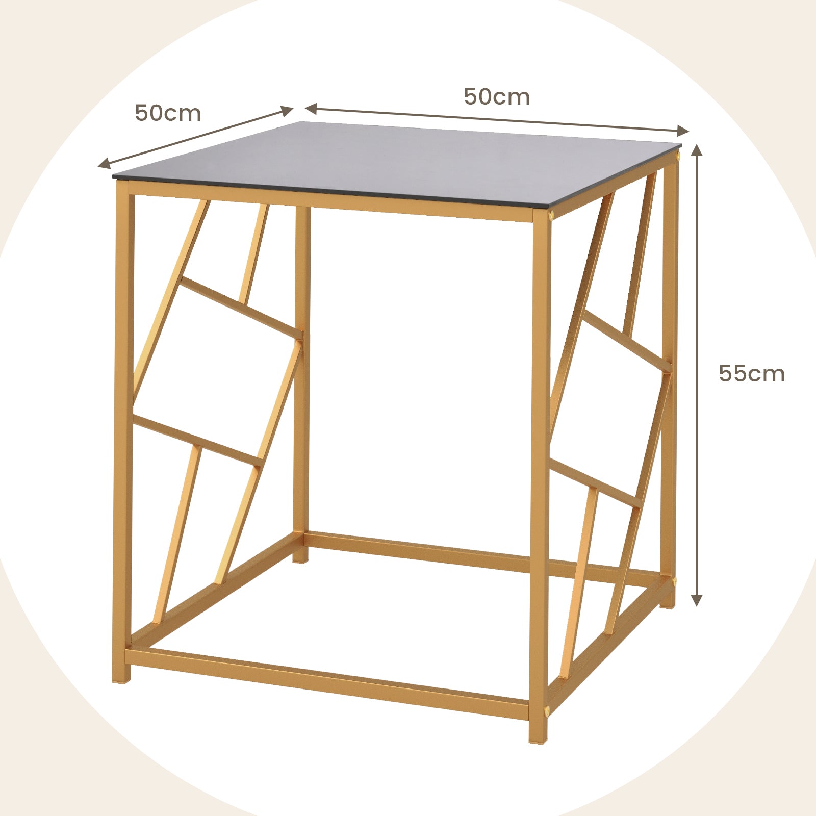 Square End Table with Tempered Glass and Gold Finish Geometric Frame-Black