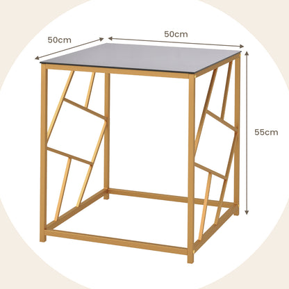 Square End Table with Tempered Glass and Gold Finish Geometric Frame-Black