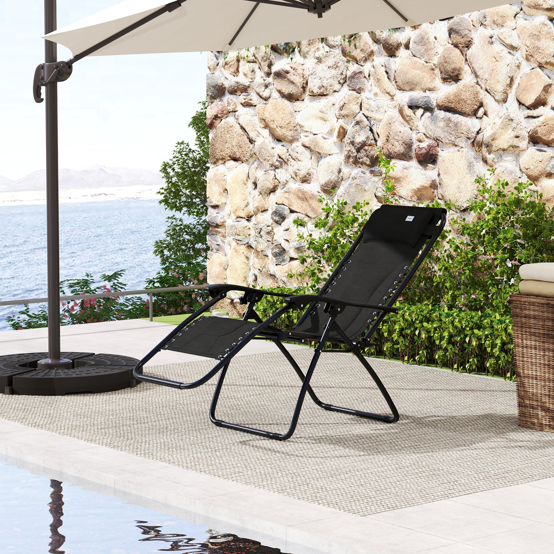 Outsunny Zero Gravity Lounger Chair, Folding Reclining Patio Chair with Padded Seat, Cup Holder, Soft Cushion and Headrest for Poolside, Camping, Black