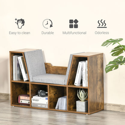 HOMCOM Bookcase Shelf Storage Seat with Cushion Sideboard Kids Children Reading Bedroom Living Room Organizer Rustic Brown