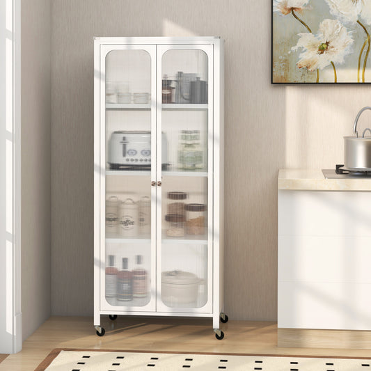 Storage Cabinet with Wheels and Translucent Doors-White