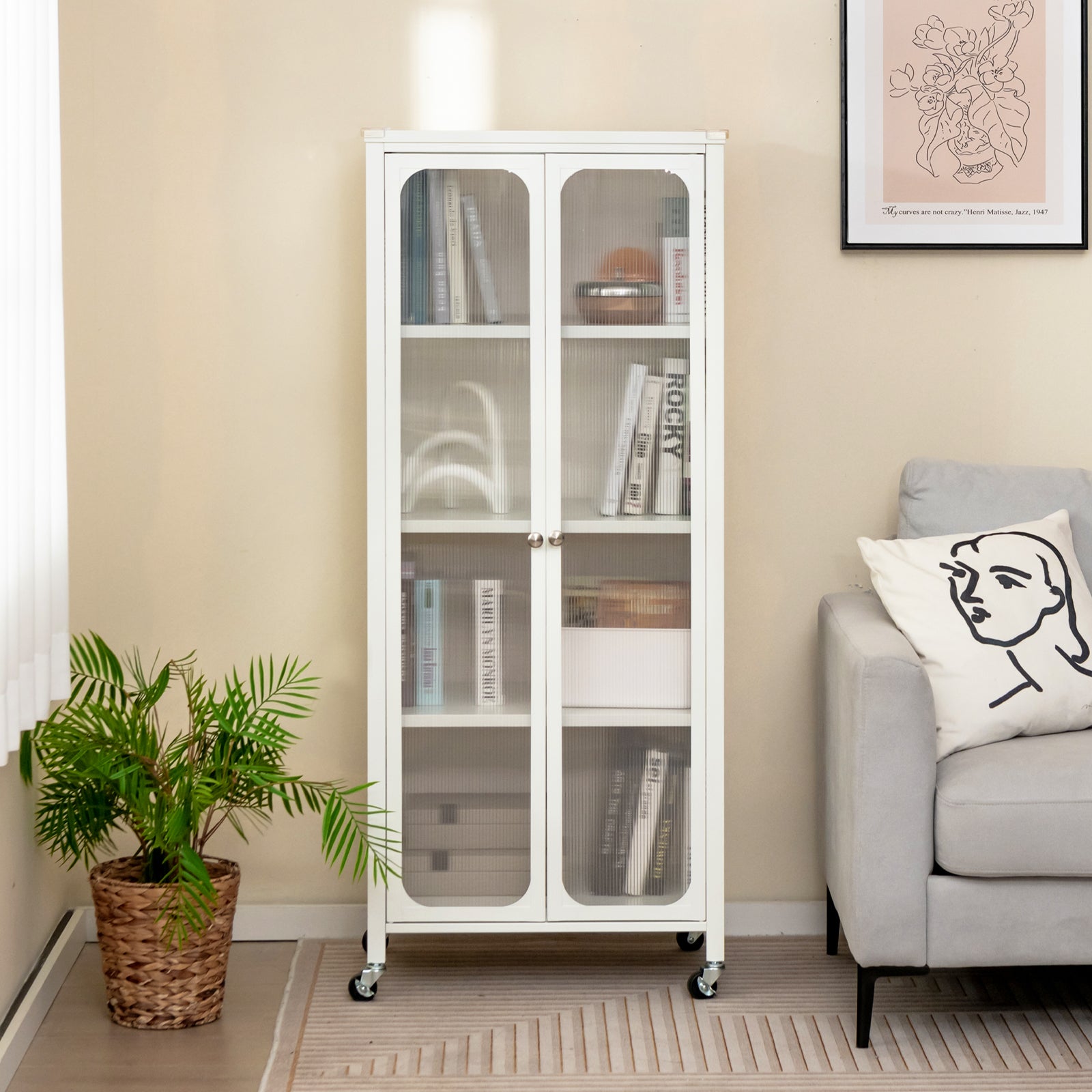 Storage Cabinet with Wheels and Translucent Doors-White