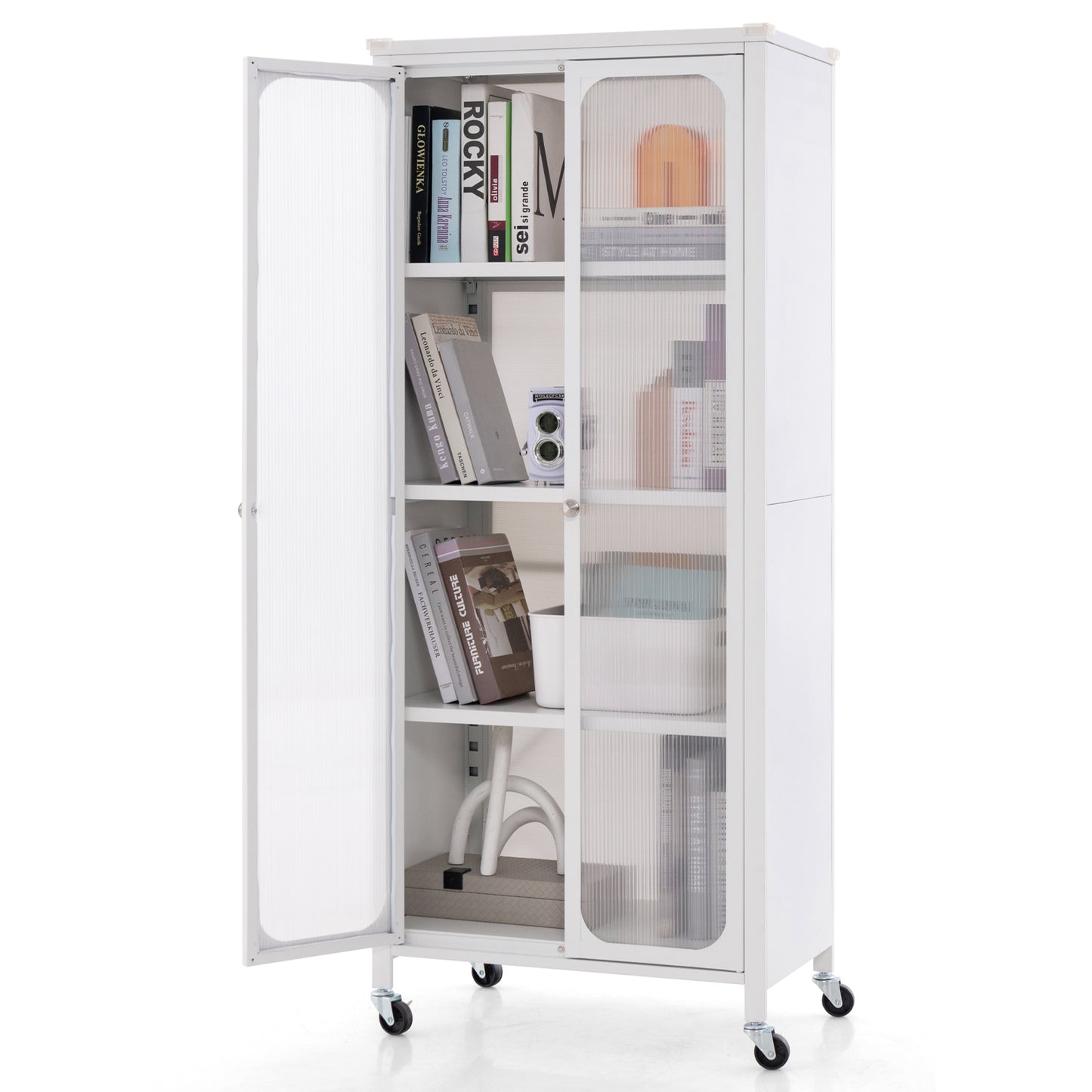 Storage Cabinet with Wheels and Translucent Doors-White
