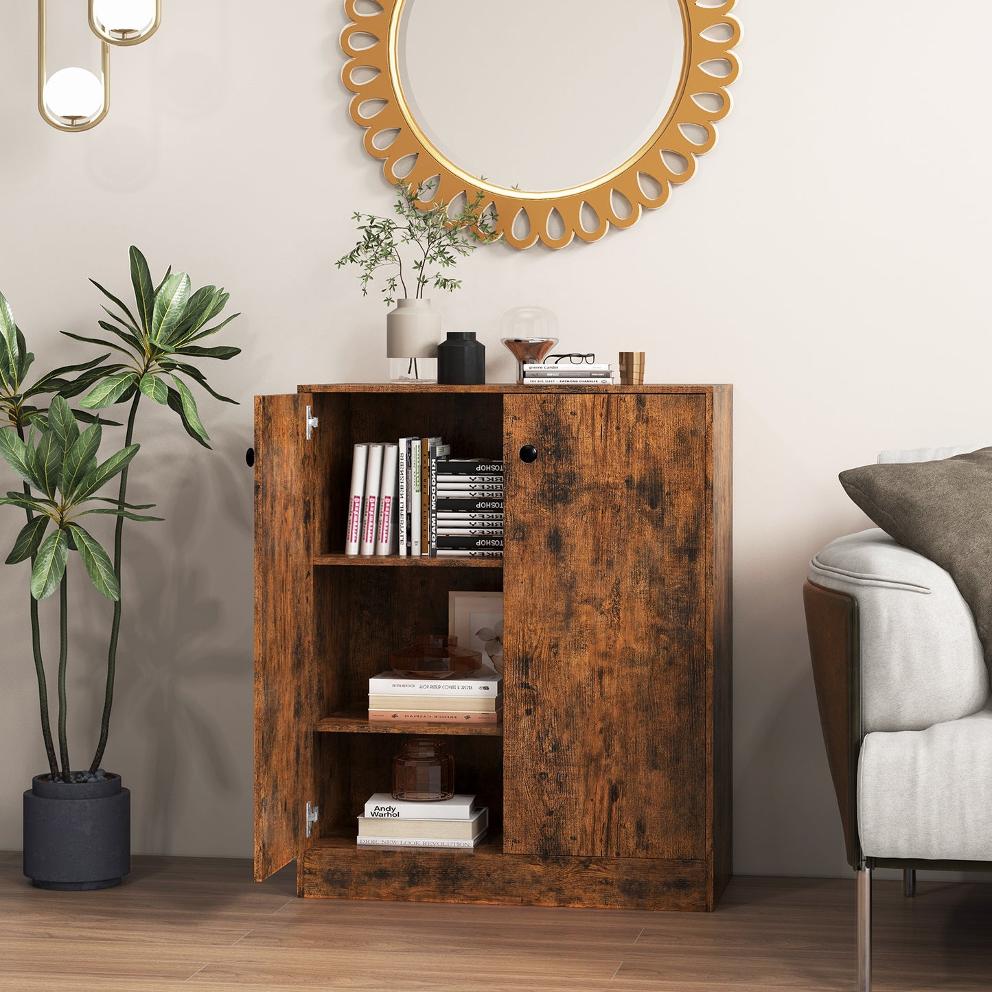 Storage Cabinet with 3 Shelves and 2 Door-Coffee