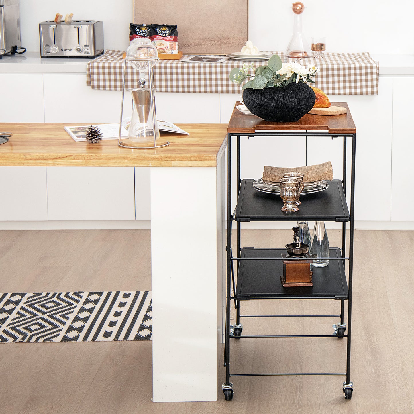 Storage Cart with Adjustable Shelves, Foldable Frame and Lockable Casters-Black