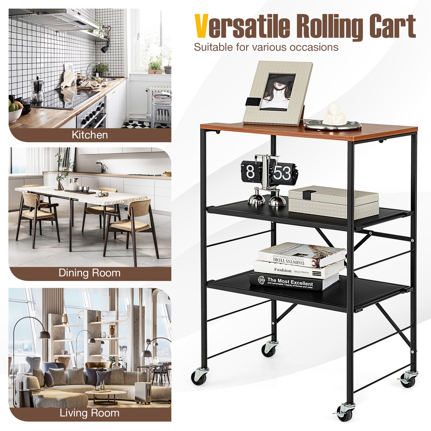 Storage Cart with Adjustable Shelves, Foldable Frame and Lockable Casters-Black