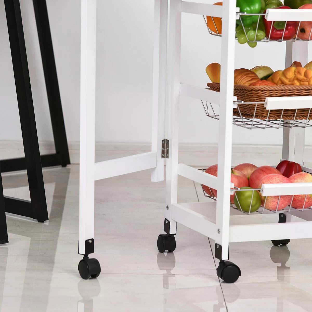 HOMCOM Drop-Leaf Kitchen Trolley w/ 3 Baskets Drawer Surface Top 6 Wheels Rolling Storage Unit Kitchen Home Dining Cart White Oak Tone