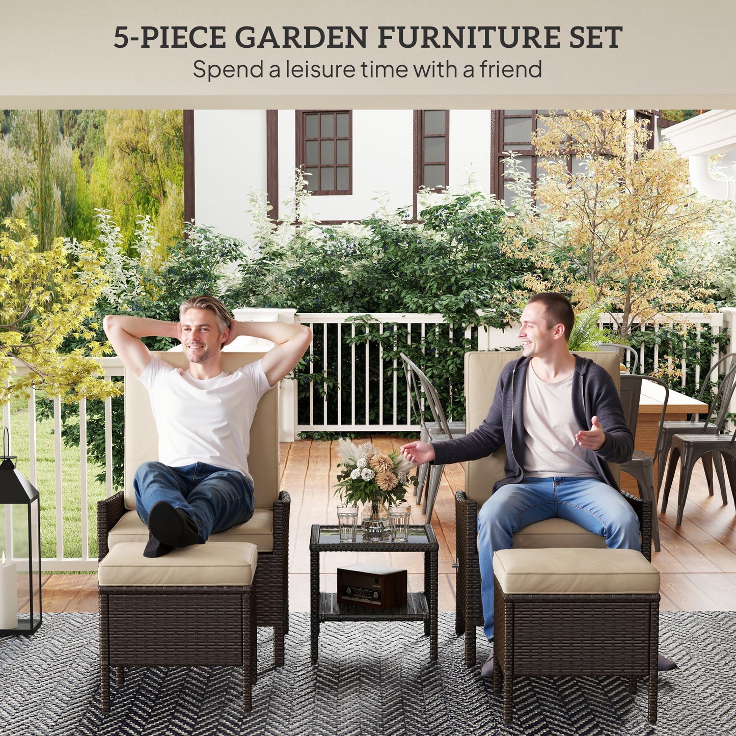 Outsunny 5 Piece Rattan Garden Furniture Set, Wicker Patio Sofa Set with 2 Armchairs, 2 Footstools, Glass Top Coffee Table with Shelf, Outdoor Furniture with Adjustable Backrests, Cushions, Khaki