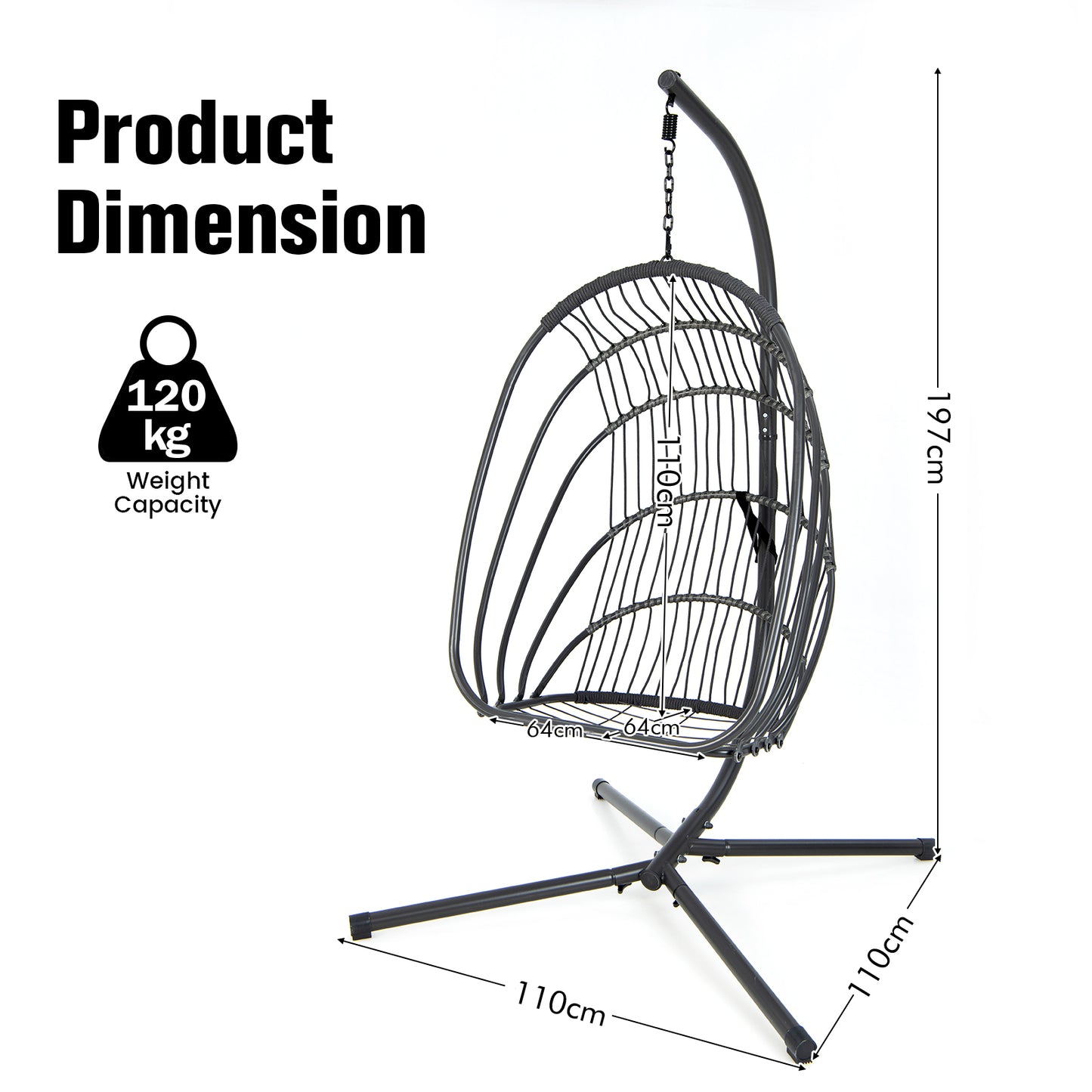 Swing Egg Chair with Stand with Cushion, Pillow and Foldable Seat Basket-Grey