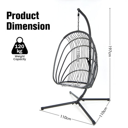 Swing Egg Chair with Stand with Cushion, Pillow and Foldable Seat Basket-Grey
