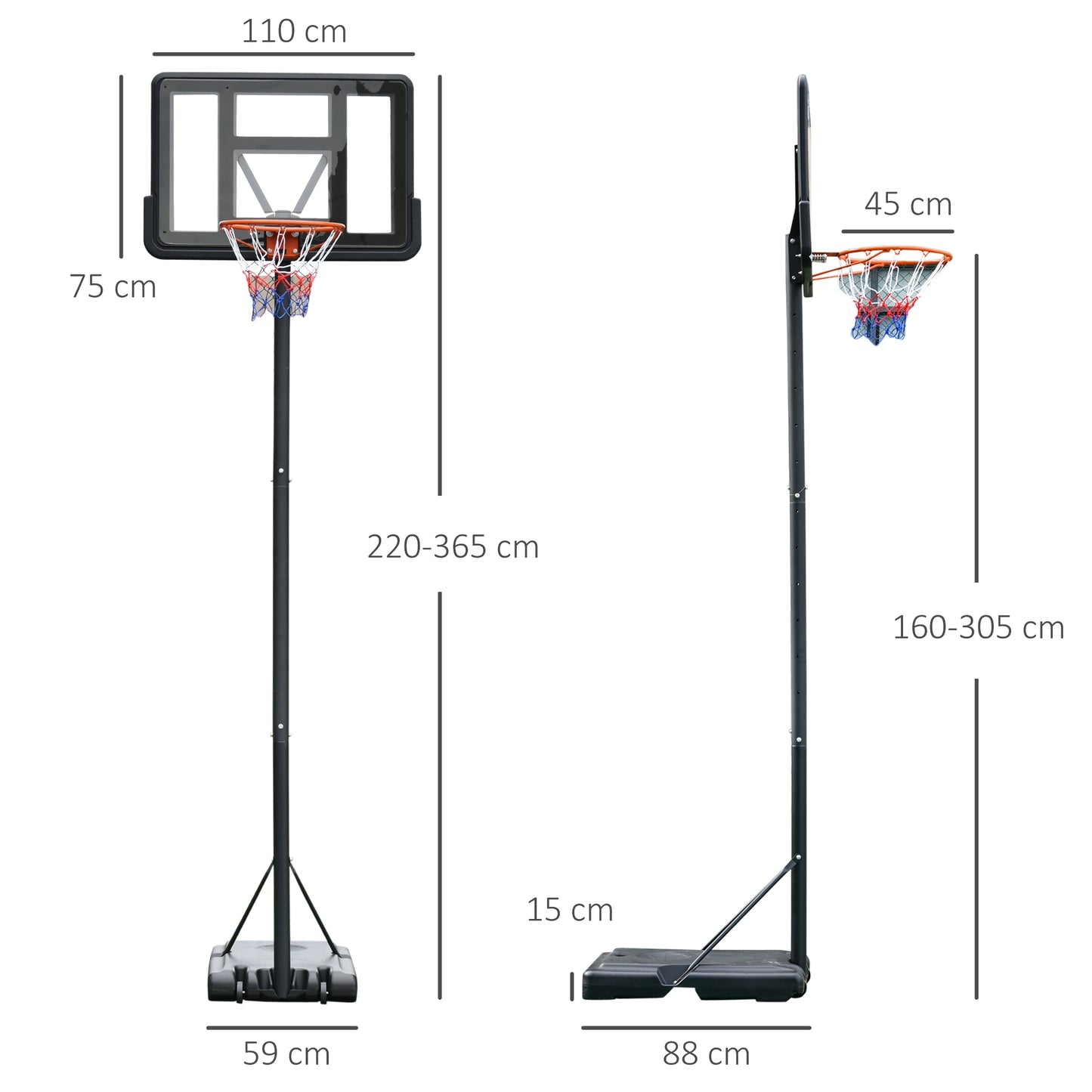 HOMCOM Portable Freestanding Basketball Hoop Stand Transparent Backboard 231-305cm Adjustable Basketball Hoop with Two Moving Wheels For Adult