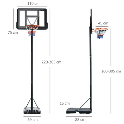 HOMCOM Portable Freestanding Basketball Hoop Stand Transparent Backboard 231-305cm Adjustable Basketball Hoop with Two Moving Wheels For Adult
