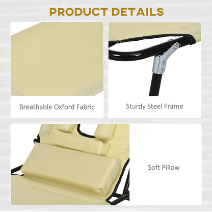 Outsunny Outdoor Folding Sun Lounger Set of 2 with Face Hole, 4 Level Adjustable Backrest Reclining Garden Lounger, Garden Recliner Sunbed with 600 D Oxford Cloth Seat and Pillow for Beach, Beige