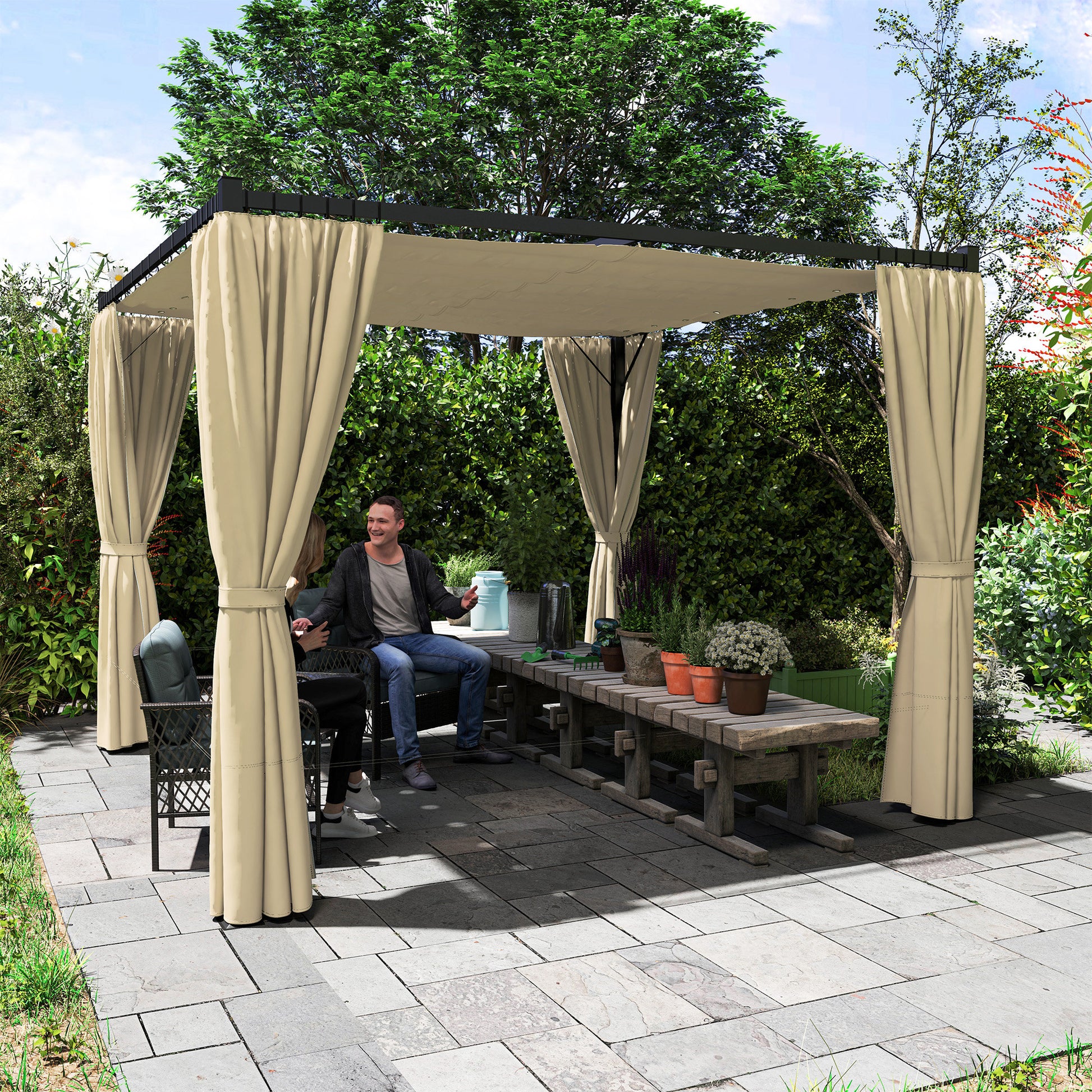 Outsunny 3 x 3m Retractable Roof Pergola, with Curtains - Khaki