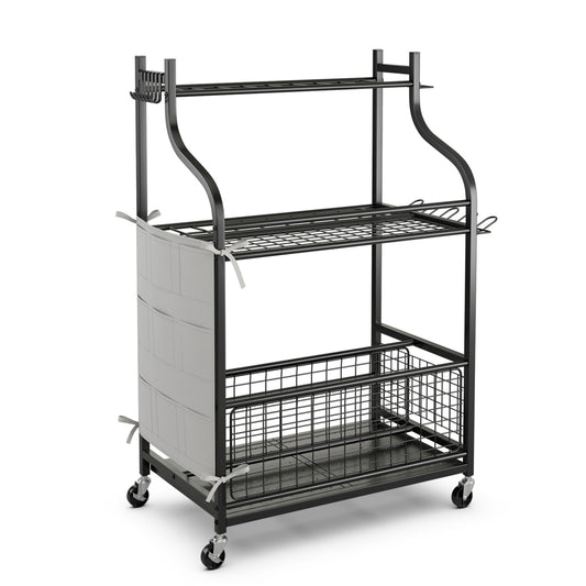 3-Tier Garden Tool Tower with Lockable Wheels Hooks and Side Pocket-Black