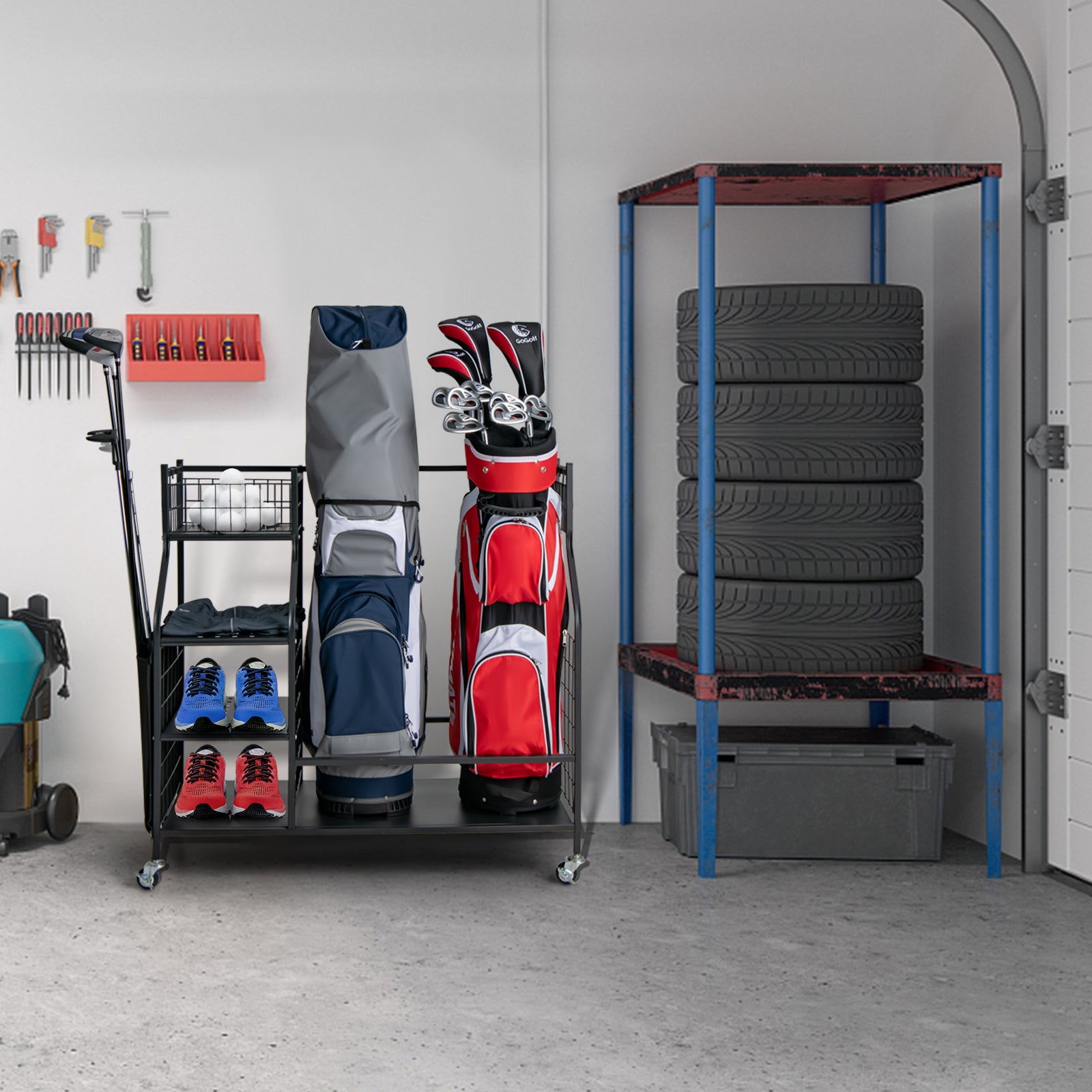 Double Golf Bag Storage Rack for Garage with Lockable Universal Wheels