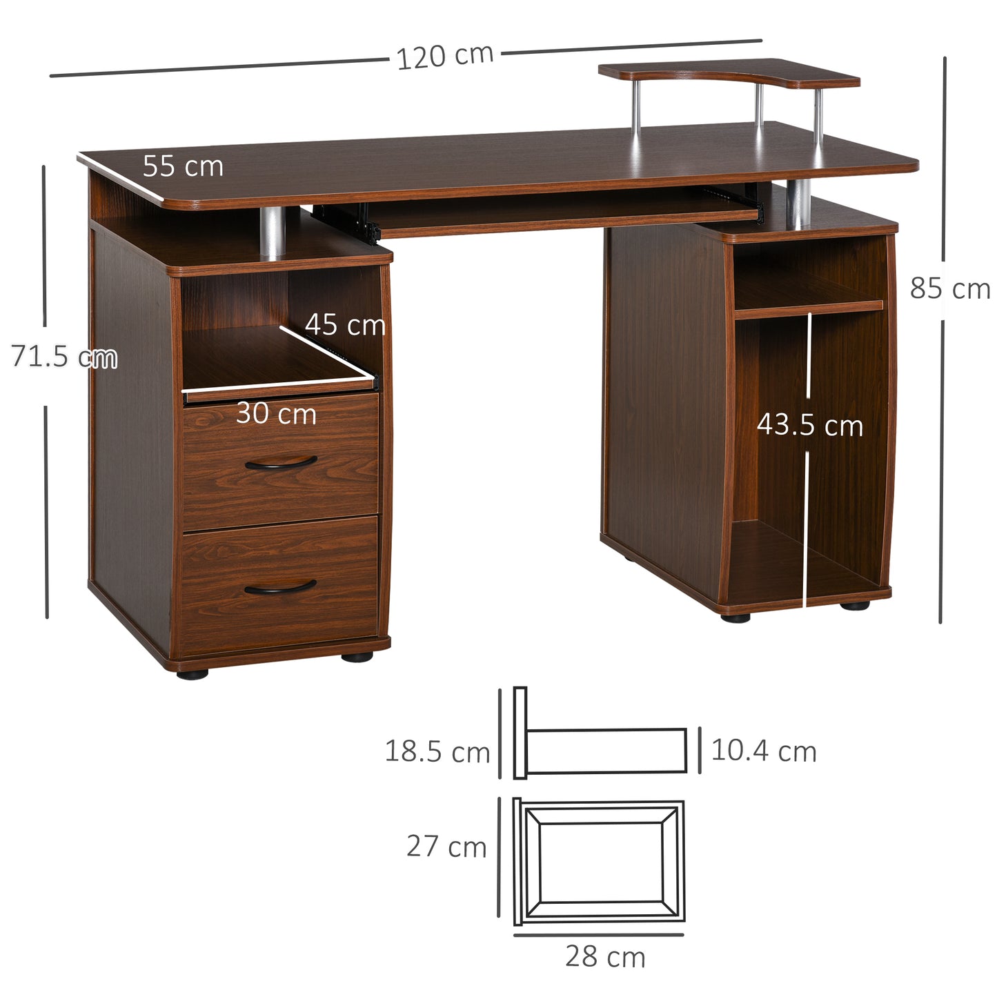 HOMCOM Computer Desk Office PC Table Workstation Gaming Study with Keyboard Tray, CPU Shelf, Drawers, Sliding Scanner Shelf, Brown