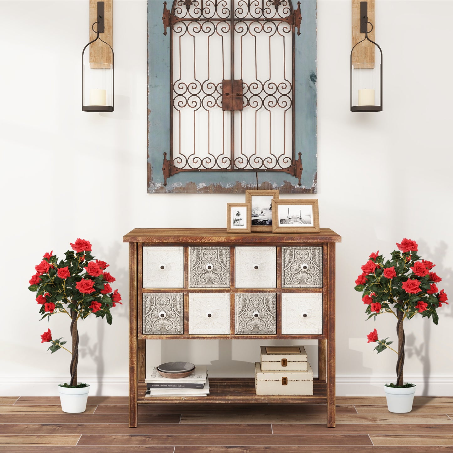 Outsunny Set of 2 Artificial Plants White Rose Floral in Pot, Fake Plants for Home Indoor Outdoor Decor, 90cm, Red